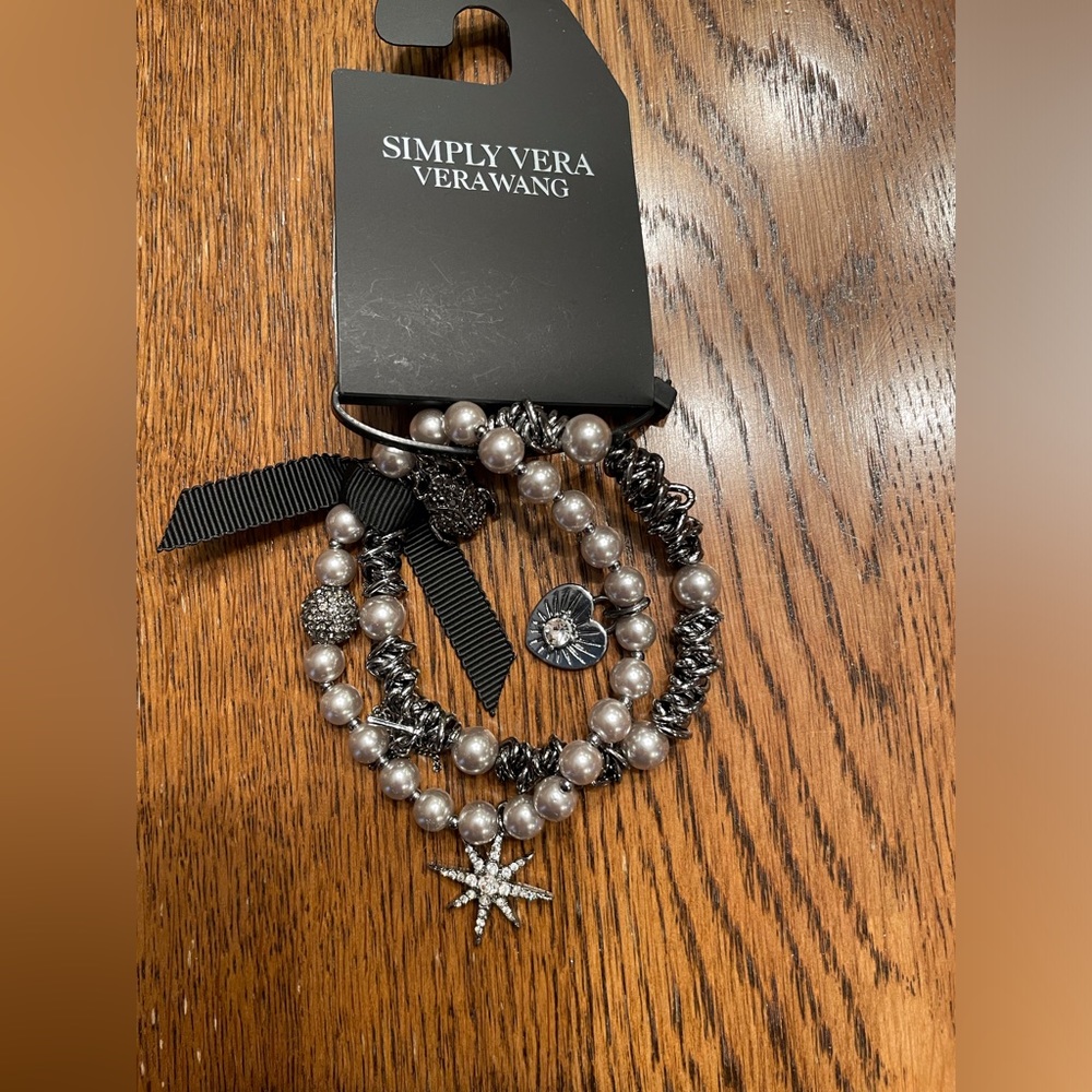 Vera Wang triple bracelet, NWT - star, heart, pearls, black beads.  Very pretty.